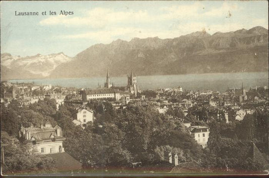 11306317 Lausanne VD Vue generale et les Alpes de Savoie Lac Leman Cathedrale Un