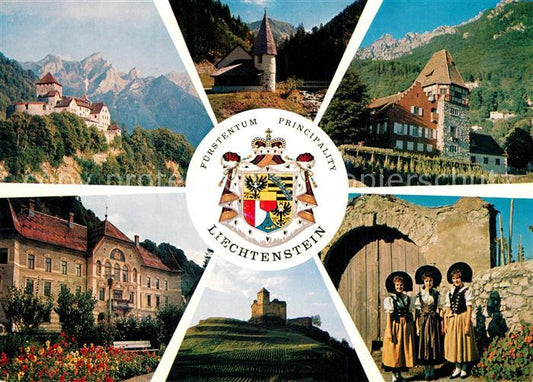 73589366 Liechtenstein  Staatswappen Schloss Vaduz Kapelle Steg Rotes Haus Regie