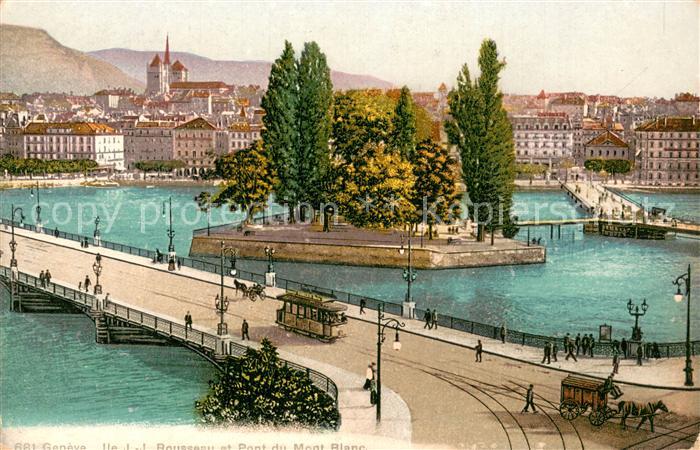 13733425 Geneve GE Tram Ile JJRousseau et Pont du Mont-Blanc Geneve GE