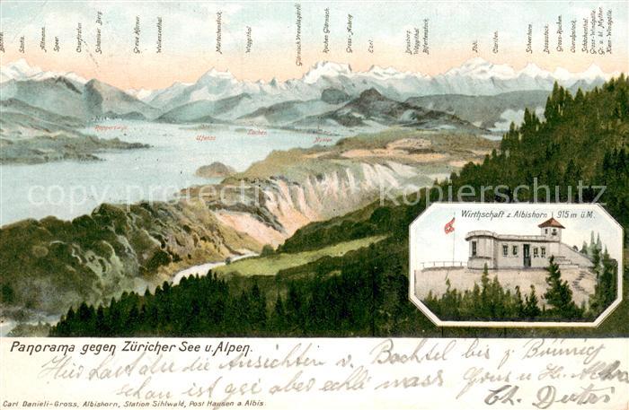 13734843 Zuerichsee ZH Panorama du lac et des Alpes avec ferme à Albishorn Z