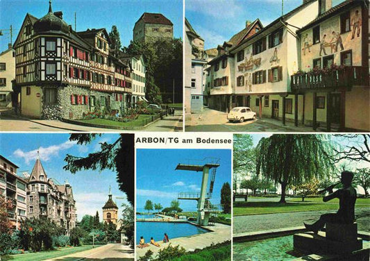 13982926 ARBON__TG Vues partielles du château, piscine extérieure, plongeoir, parc, sculpture