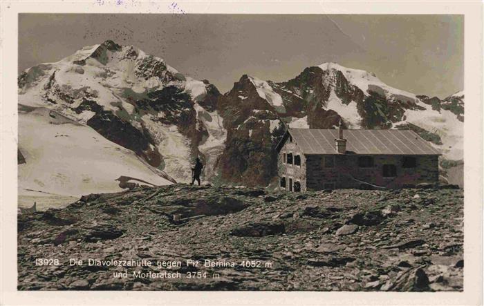 13985648 Diavolezzahuette_2973m_Bernina_GR Berghuette Blick gegen Piz Bernina un