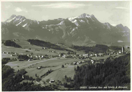 13993459 Speicher_Appenzell_AR Fliegeraufnahme mit Saentis und Altmann