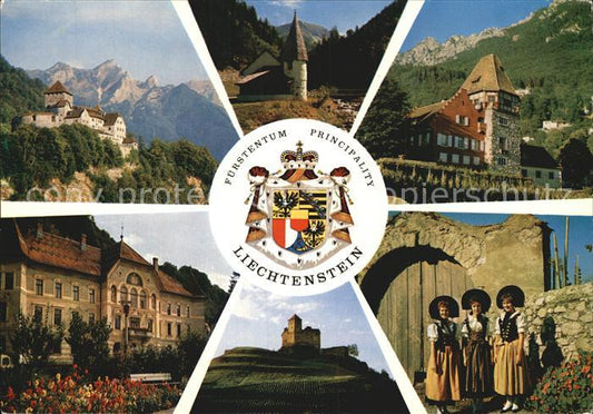 72457610 Liechtenstein  Staatswappen Schloss Vaduz Kapelle Steg Rotes Haus Regie