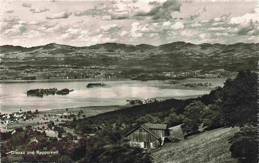 13965448 Ufenau_Ufnau_Insel_Zuerichsee_SZ und Rapperswil Panorama Blick ueber de