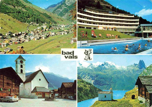 13969457 Bad_Vals_GR Thermalbad Dorfplatz Frunt-Zervreila mit Zervreilahorn Pano