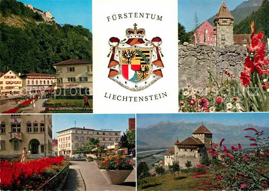 72677400 Vaduz Fuerstentum Liechtenstein Wappen Postplatz mit Schloss Rotes Haus