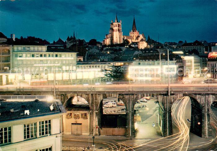 13753284 Lausanne VD Le grand Pont et la Cathedrale le soir