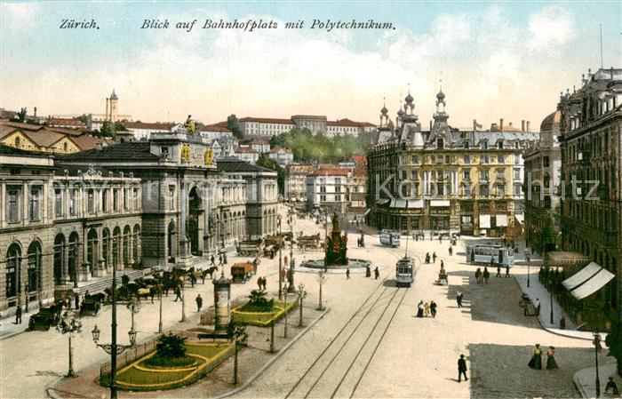 13781801 Zuerich ZH Blick auf Bahnhofplatz mit Polytechnikum Denkmal Strassenbah