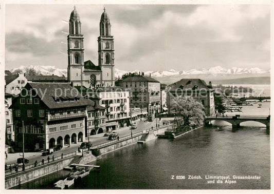 13782330 Zuerich ZH Limmatquai Grossmuenster und die Alpen