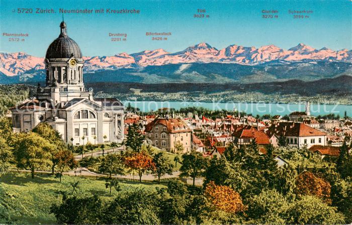 13800550 Zuerich ZH Panorama de la ville Neumuenster Kreuzkirche Lac de Zurich Chaîne alpine