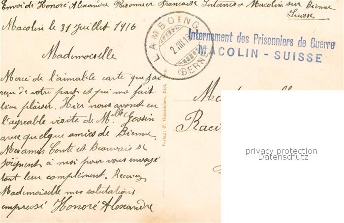 13796250 Macolin sur Bienne BE Châlet et les Alpes Courrier du prisonnier