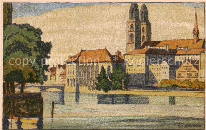 13796279 Zuerich ZH Limmatufer Vue sur Muenster Fiche d'artiste Zuerich ZH