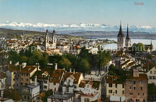 13810997 Zuerich ZH Panorama de la ville avec églises Lac de Zuerich Chaîne alpine Zuerich ZH