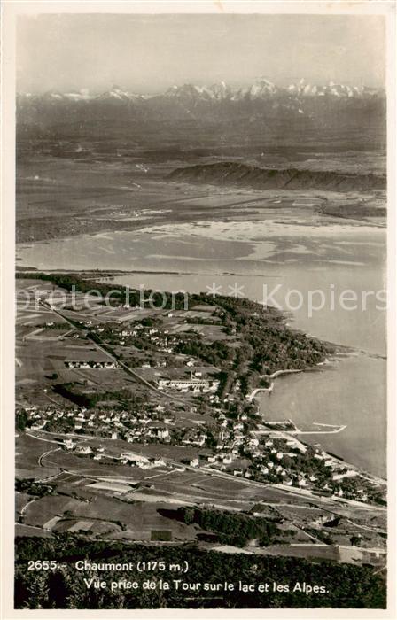 13816225 Chaumont NE Vue prise aerienne de la Tour sur le lac et les Alpes  Chau