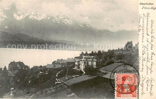 13816376 Oberhofen Thunersee Panorama Blick ueber den See Alpen Oberhofen Thuner