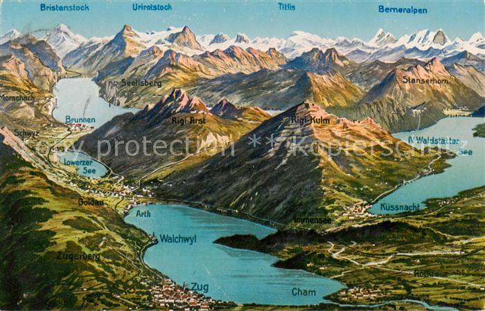 13827747 Zoug ZG Carte panoramique avec le lac de Zoug et le lac des Quatre-Cantons