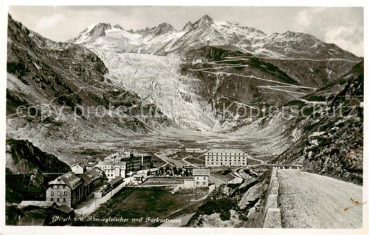 13828572 Gletsch 1784m VS mit Rhonegletscher und Furkastrasse