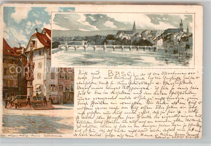 13002886 Basel BS Fontaine Limmat Bridge Carte d'artiste Basel BS