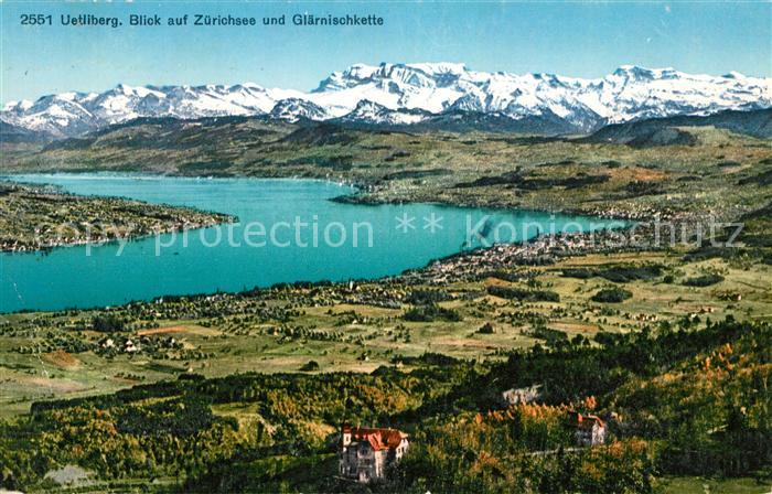 13009960 Uetliberg ZH Fliegeraufnahme mit Zuerichsee und Alpen Glaernischkette U