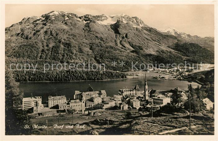 13069063 St Moritz GR Vue générale avec village et panorama alpin de Bad Moritzersee S