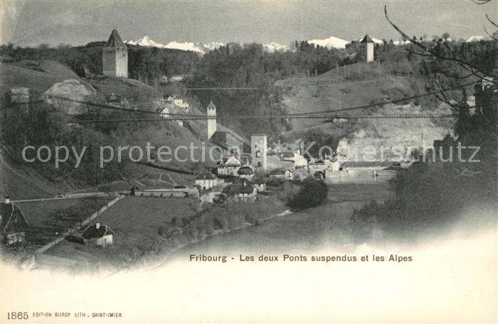 13113900 Fribourg FR Les deux Ponts suspendus et les Alpes Fribourg