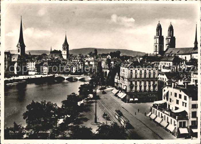 11635105 Zuerich Altstadt Kirche Turm Limmat Bruecke Strassenbahn