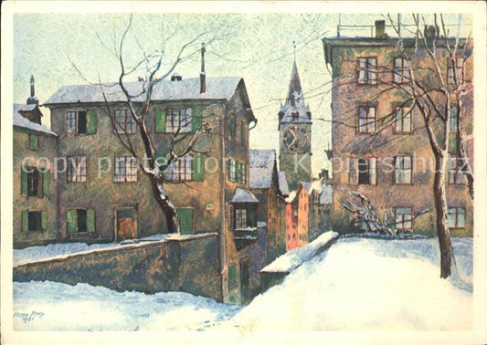 11635762 Zuerich Blick vom Lindenhof in Pfalzgasse Kuenstlerkarte Aquarell Hugo