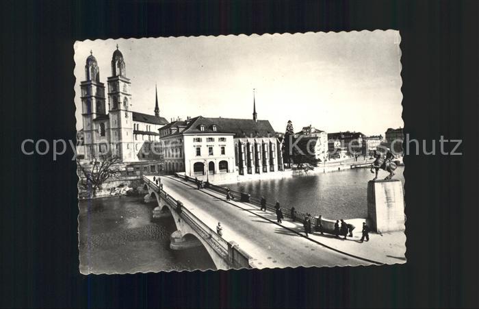 11649998 Zuerich Heimhausbruecke mit Waldmanndenkmal und Grossmuenster