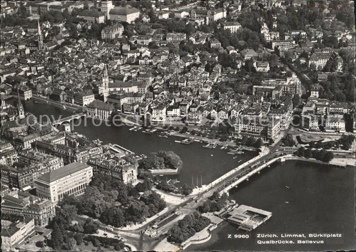 11657633 Zuerich Fliegeraufnahme Limmat Buerllplatz Quaibruecke Bellevue