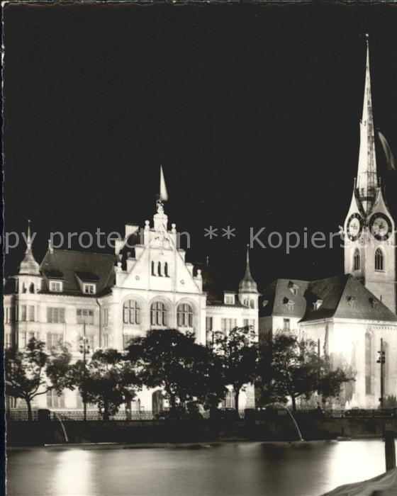 11657656 Zuerich Stadthaus Frauenmuenster St. Peters-Kirche bei Nacht