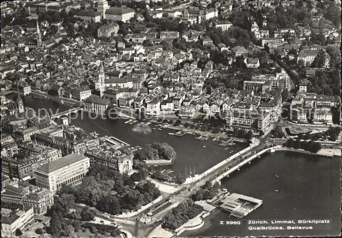 11657917 Zuerich Fliegeraufnahme Limmat Buerkliplatz Quaibruecke Bellevue