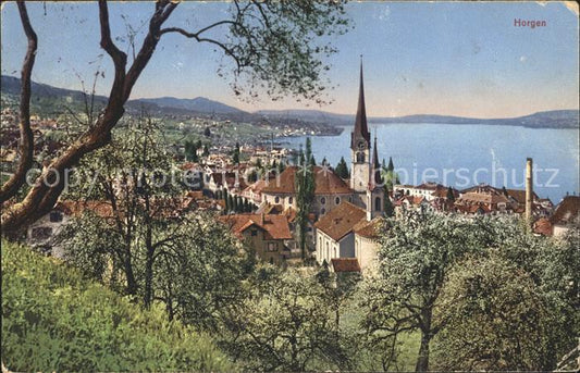 11651996 Horgen ZH Ortsansicht mit Kirche Zuerichsee Baumbluete