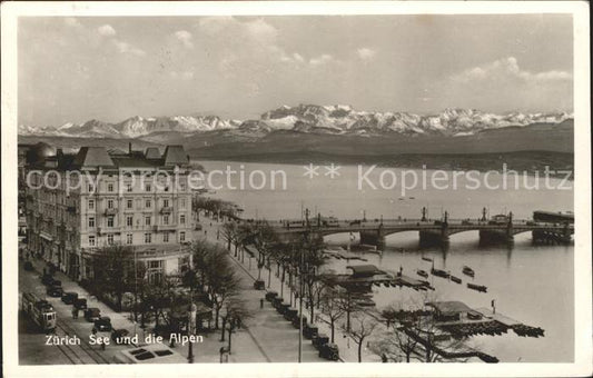 11667835 Zuerich See mit Quaibruecke und Alpen