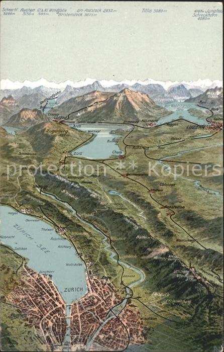 11667857 Zuerichsee mit Zugersee und Vierwaldstaettersee Relief Panoramakarte