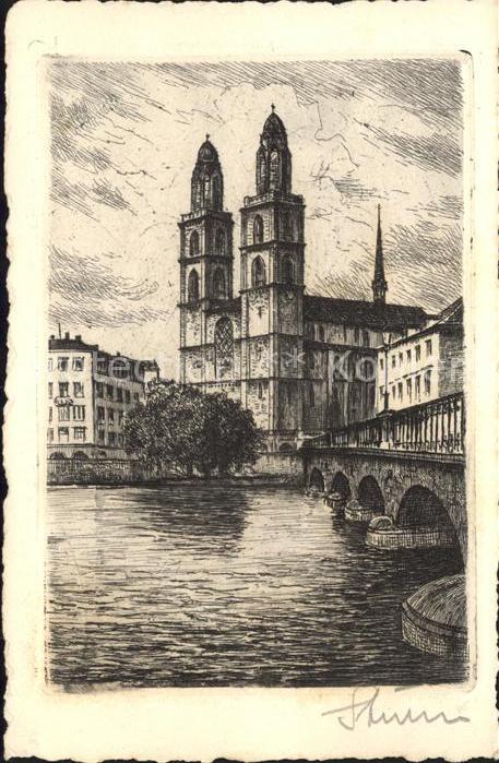 11670270 Zuerich Grossmuenster Radierung Zuerich