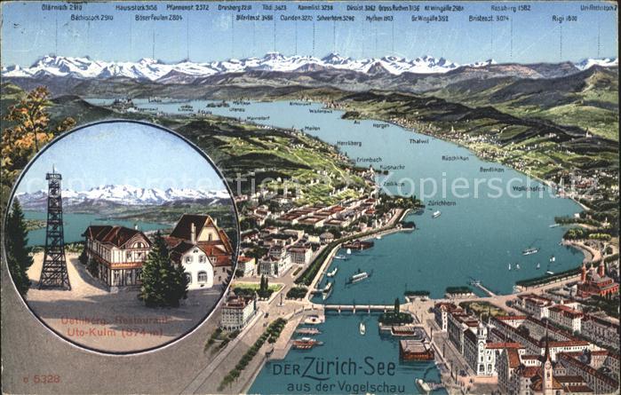 11670349 Zuerichsee Panoramakarte mit Bergrestaurant Uto Kulm Zuerich