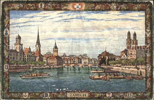 11670384 Zuerich Fraumuenster St Peter und Grossmuenster Faehrschiff Quai Zueric