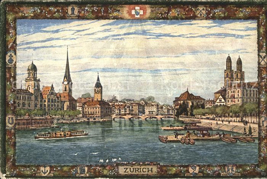 11670385 Zuerich Fraumuenster St Peter und Grossmuenster Faehrschiff Quai Zueric