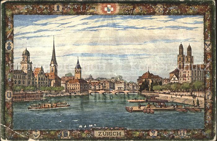 11670386 Zuerich Fraumuenster St Peter und Grossmuenster Faehrschiff Quai Zueric