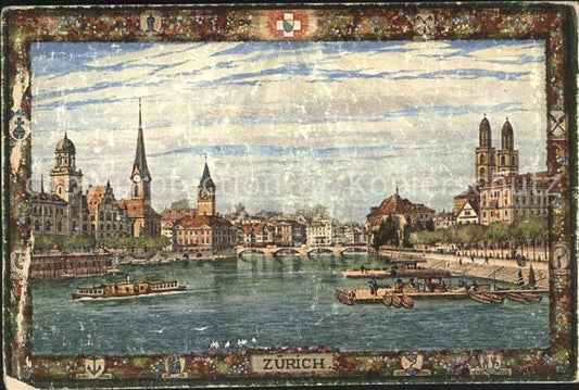 11670387 Zuerich Fraumuenster St Peter und Grossmuenster Faehrschiff Quai Zueric