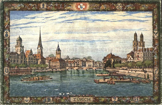 11670388 Zuerich Fraumuenster St Peter und Grossmuenster Faehrschiff Quai Zueric