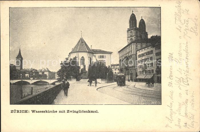 11670763 Zuerich Wasserkirche mit Zwinglidenkmal Zuerich