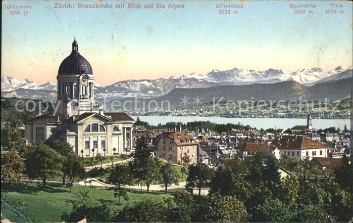 11672714 Zuerich Kreuzkirche mit Stadtblick und Alpenpanorama Zuerich