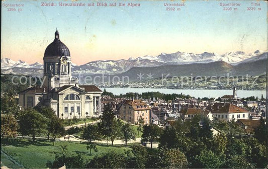 11672714 Zuerich Kreuzkirche avec vue sur la ville et panorama alpin Zuerich