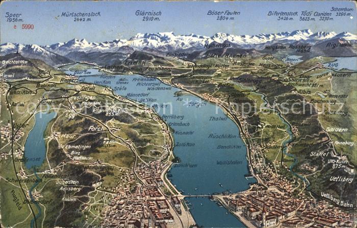 11672733 Lac de Zurich et environs Carte panoramique en relief de Zurich