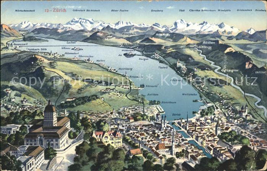 11672870 Zuerichsee mit Umgebung Relief Panoramakarte Zuerich