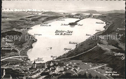 11672931 Bienne Lac de Bienne avec carte panoramique en relief de l'île Saint-Pierre Bienne/Bie