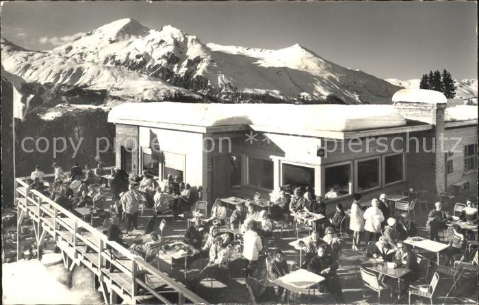 11780992 Davos GR Restaurant Ischalp Terrasse mit Schatzalp und Schiahorn Davos