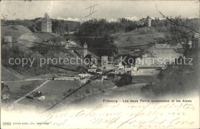 11774071 Fribourg FR Les deux Ponts suspendus et les Alpes Fribourg